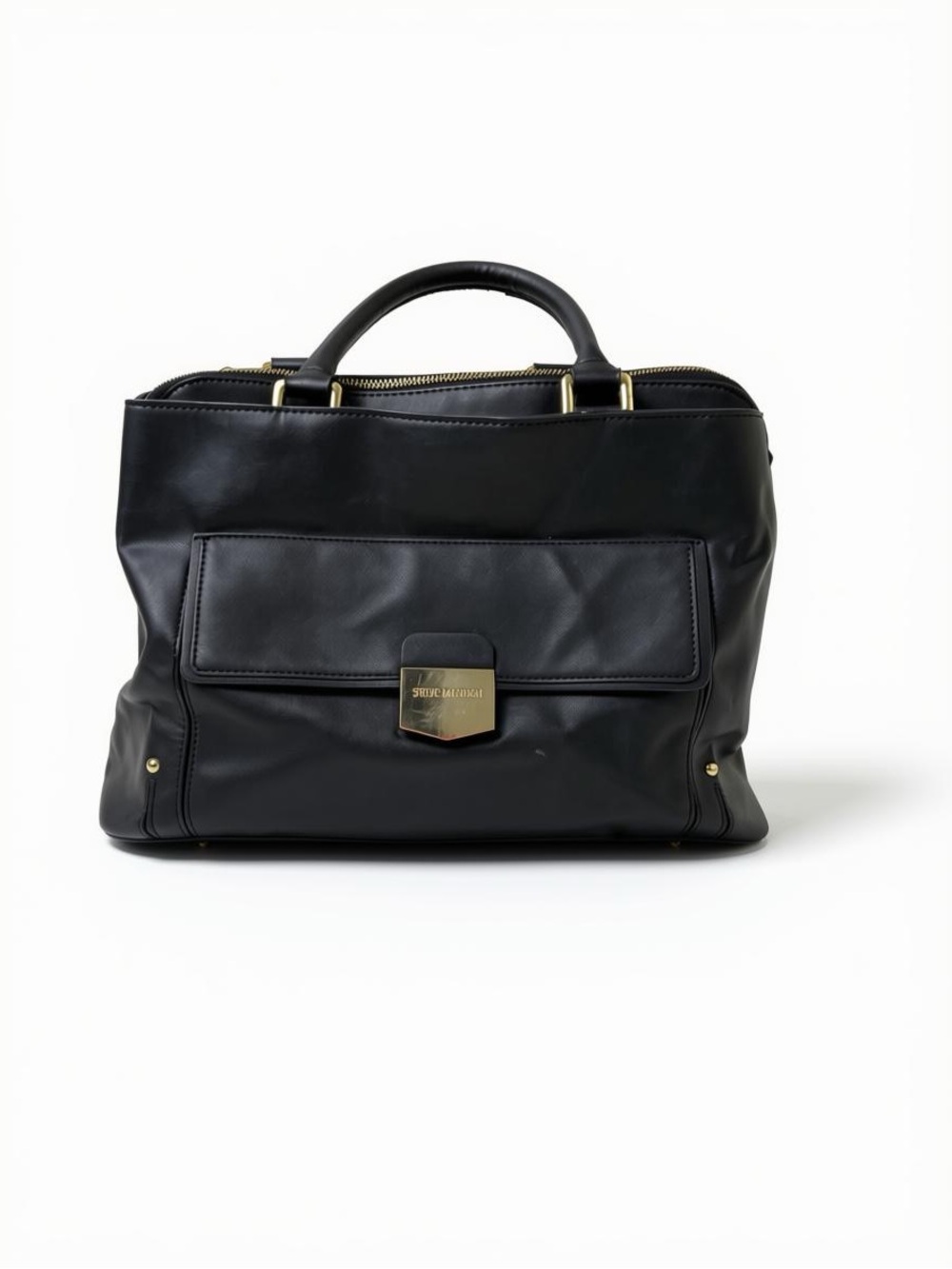Steve Madden Black Vegan Leather Satchel Gold Hardware Structured Purse Tote